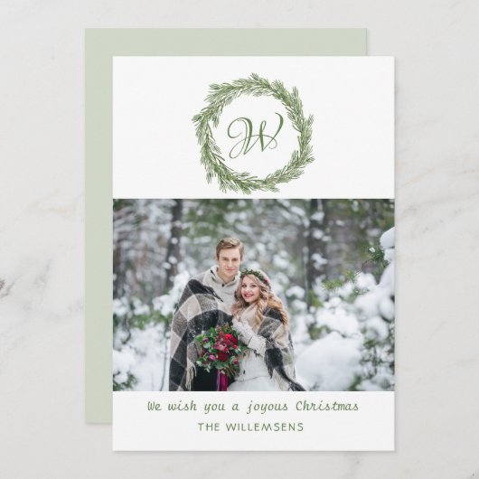 Cartes Pour Fêtes Annuelles Photo de Noël Monogram Pine Wire (Devant / Derrière)