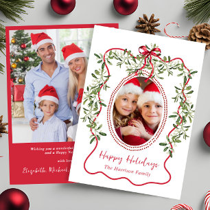 Cartes Pour Fêtes Annuelles Photo de Noël Red Wavy Frame Bow Green