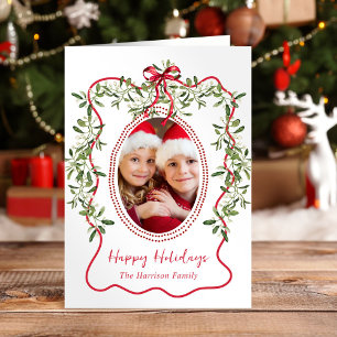 Cartes Pour Fêtes Annuelles Photo de Noël Red Wavy Frame Bow Green