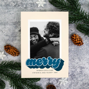 Cartes Pour Fêtes Annuelles Photo de Noël rétro bleu Merry Script