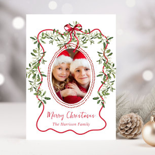 Cartes Pour Fêtes Annuelles Photo de Noël Rouge Cadre Ondulé Ruban Verdure