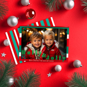 Cartes Pour Fêtes Annuelles Photo de Noël rouge et verte 'Holly & Jolly'