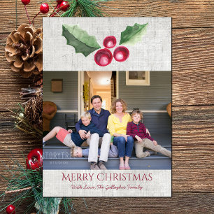 Cartes Pour Fêtes Annuelles Photo de vacances Brossé Holly et Berry