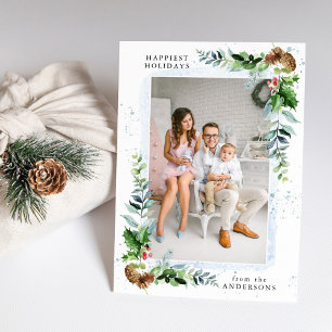 Cartes Pour Fêtes Annuelles Photo de verdure hivernale et aquarelle bleue