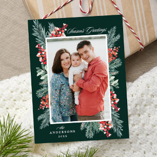 Cartes Pour Fêtes Annuelles Photo de vœux de la saison de Noël avec houx et ve