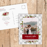 Cartes Pour Fêtes Annuelles Photo de Wishes Winter Greenery<br><div class="desc">Affordable custom printed holiday photo postcards with simple templates for customization. This Design feent in elegant watercolor floral border of holly leaves and flowers in red, green and burgundy colors on a neutral buffalo check plaid background. Personalize it your photo and custom text. Postcard back has space for your return...</div>