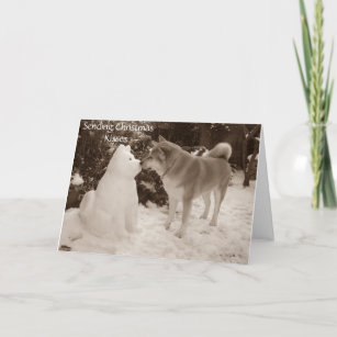 Cartes Pour Fêtes Annuelles photo du mignon chien de neige d'akita embrassant