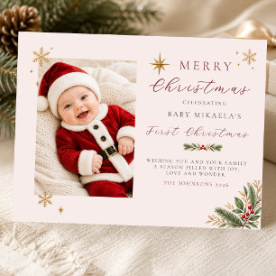 Cartes Pour Fêtes Annuelles Photo du premier Noël de bébé Ivoire rose