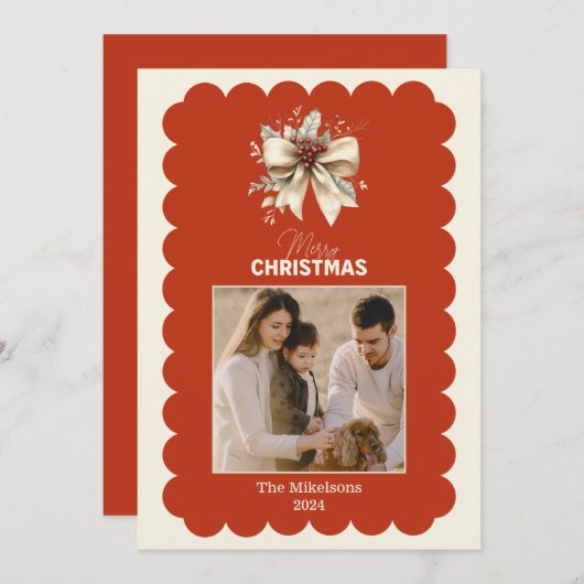 Cartes Pour Fêtes Annuelles Photo Elegant Scallop Bow Noël (Devant / Derrière)