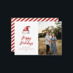 Cartes Pour Fêtes Annuelles Photo Festive Santa Hat<br><div class="desc">Aquarelle festive chapeau de Santa,  carte photo de vacances. Caractéristiques,  typographie rouge avec coordination du support motif à bandes.</div>