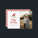 Cartes Pour Fêtes Annuelles Photo Festive Santa Hat<br><div class="desc">Aquarelle festive chapeau de Santa,  carte photo de vacances. Caractéristiques,  typographie rouge avec coordination du support motif à bandes.</div>