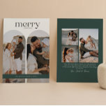 Cartes Pour Fêtes Annuelles Photo Forest Green Double Arche<br><div class="desc">Cette carte à deux faces de Noël présente une typographie moderne,  deux photos en arc et un collage de 3 photos sur le dos. Insérez vos photos préférées,  ajoutez une touche personnelle avec votre propre message,  et customisez-le à votre goût. Photos de prostooleh / Freepik.</div>