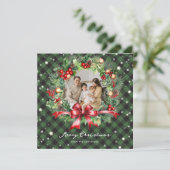 Cartes Pour Fêtes Annuelles Photo Green Plaid Wreath Stars Joyeux Noël (Debout devant)