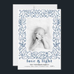 Cartes Pour Fêtes Annuelles Photo Hanoukka moderne Blue Love & Light<br><div class="desc">Un design carte photo Hanoukka moderne, avec une bordure illustrée à la main avec du feuillage et des châtaignes et un en-tête gras qui dit "amour & lumière" dans une belle couleur bleu marine clair. Personnalisez avec votre nom de famille et votre photo préférée. L'image possède un filtre noir et...</div>