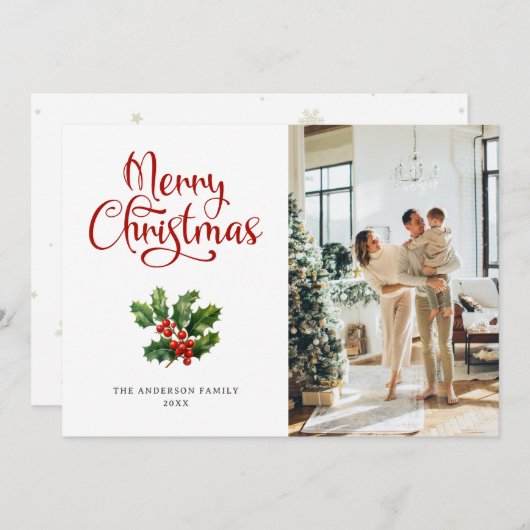 Cartes Pour Fêtes Annuelles Photo Holly Berries Script Merry Christmas Card (Devant / Derrière)