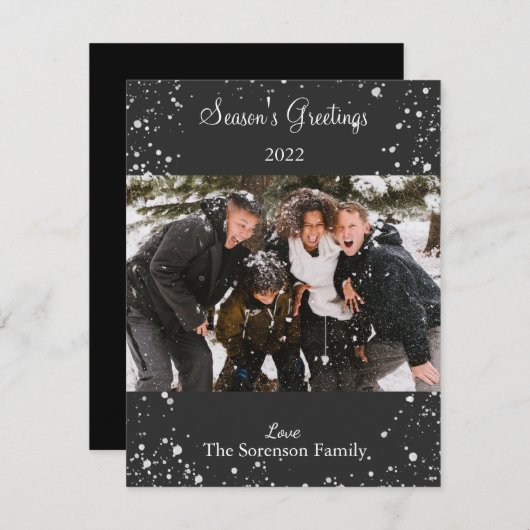 Cartes Pour Fêtes Annuelles Photo Joyeuses Fêtes Snowy noir blanc Script H (Devant / Derrière)