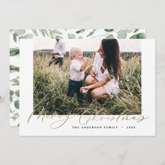 Cartes Pour Fêtes Annuelles Photo minimale moderne Noël élégant écriture or (Devant / Derrière)