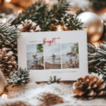 Cartes Pour Fêtes Annuelles Photo minimaliste moderne joyeuse et brillante<br><div class="desc">Design moderne de typographie minimaliste "Merry & Bright" carte photo de Noël. Caractéristiques,  trois espaces photo verticaux,  un script rouge festif "brillant" et la coordination de l'appui couleur rouge rustique. Lignes de texte modèles pour le nom de famille à l'avant,  le message et les noms à l'arrière.</div>