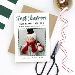 Cartes Pour Fêtes Annuelles Photo moderne Baby First Christmas Green Stripes<br><div class="desc">Ce carte photo de vacances moderne sert de salutation et de faire-part de naissance de vacances pour votre nouveau bébé. Caractéristiques "Premier Noël" en script vert de chasseur / pin avec le nom complet du bébé et les détails d'arrivée. Personnalisez avec une photo de nouveau-né encadrée par un motif de...</div>