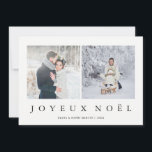 Cartes Pour Fêtes Annuelles Photo moderne française de Noël deux de Joyeux<br><div class="desc">Cette carte de Noël élégante et simple comporte deux de vos photos personnelles,  et les mots "Joyeux Noël" en texte noir moderne. Le dos contient une conception feuillue à la mode pour un regard totalement élégant de vacances.</div>