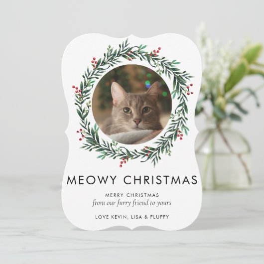 Cartes Pour Fêtes Annuelles Photo moderne Meowy Noël Chat de Noël Wreath (Debout devant)