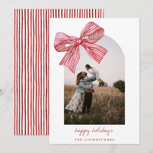 Cartes Pour Fêtes Annuelles Photo moderne Red Candy Stripes Bow & Arch (Devant / Derrière)
