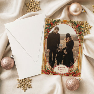 Cartes Pour Fêtes Annuelles Photo Noël Vintage Holly et Or