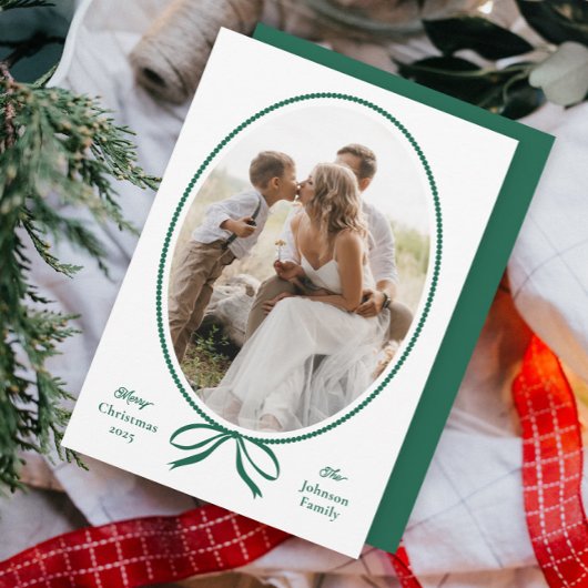 Cartes Pour Fêtes Annuelles Photo ovale simple Bow vert Noël