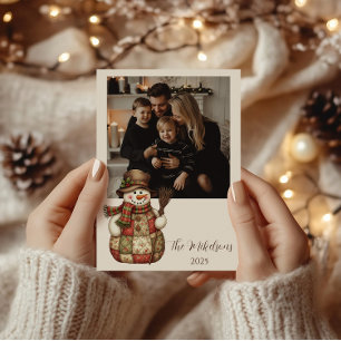 Cartes Pour Fêtes Annuelles Photo Patchwork Rustique Bonhomme de Neige Noël