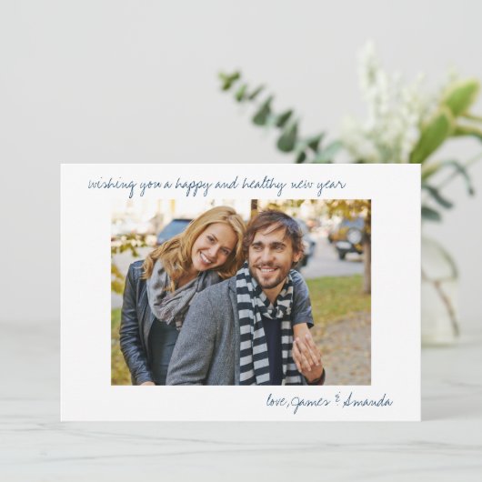 Cartes Pour Fêtes Annuelles Photo personnalisée Bleu Décontracté Script Minima (Debout devant)