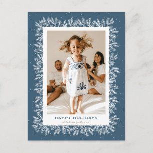 Cartes Pour Fêtes Annuelles Photo Personnalisée Blue Rustic Pine Snow Happy