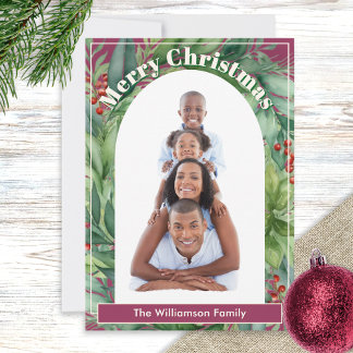 Cartes Pour Fêtes Annuelles Photo personnalisée et nom Élégante verdure Noël