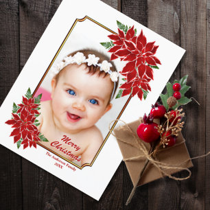 Cartes Pour Fêtes Annuelles Photo personnalisée Rouge Poinsettia Blanc Noël