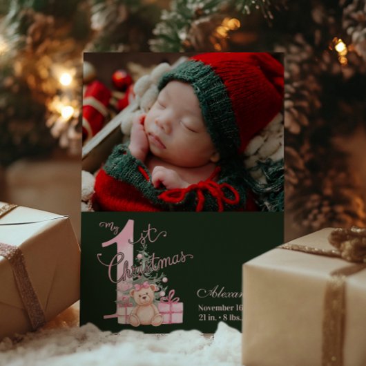 Cartes Pour Fêtes Annuelles Photo Pink Green Baby First Christmas
