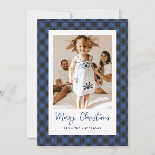 Cartes Pour Fêtes Annuelles Photo Plaid bleu moderne Joyeux Noël (Devant)
