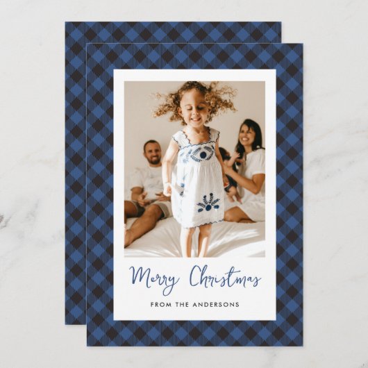 Cartes Pour Fêtes Annuelles Photo Plaid bleu moderne Joyeux Noël (Devant / Derrière)