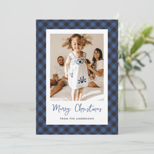 Cartes Pour Fêtes Annuelles Photo Plaid bleu moderne Joyeux Noël (Debout devant)