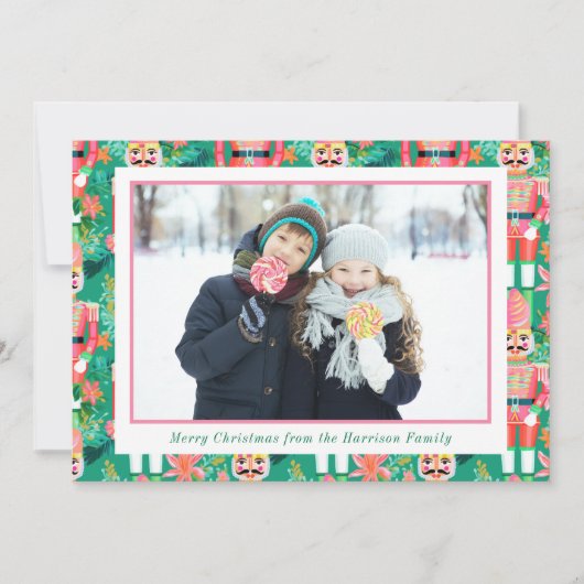 Cartes Pour Fêtes Annuelles Photo Preppy Christmas Pink & Green Nutcracker (Devant)