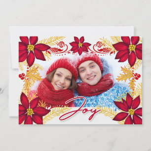 Cartes Pour Fêtes Annuelles Photo Red Poinsettia Joy Gold Pine Holiday Car
