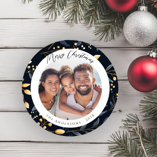 Cartes Pour Fêtes Annuelles Photo Ronde Moderne Bleue Et Feuille De Noël Or