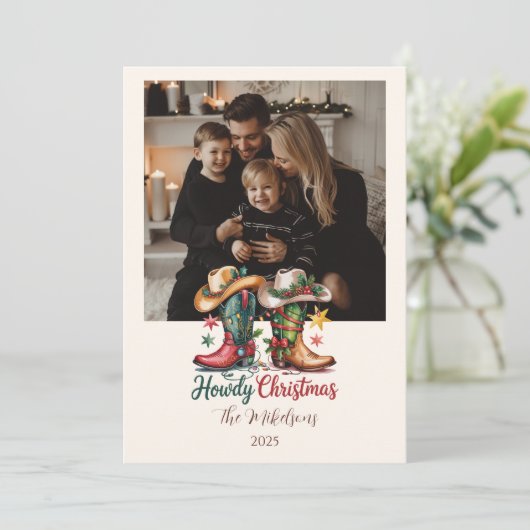 Cartes Pour Fêtes Annuelles Photo Western Cowboy Boots Rustic Howdy Christmas (Debout devant)