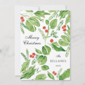 Cartes Pour Fêtes Annuelles Photo Wispy Holly Green et Red Watercolor (Devant)