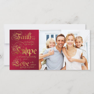 Cartes Pour Fêtes Annuelles Photocard de Noël rouge et or Foi, Espérance, Amou