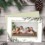 Cartes Pour Fêtes Annuelles Photographie de la verdure hivernale<br><div class="desc">Cette carte de Noël élégante offre de l'espace pour une photo horizontale et est accentuée par une aquarelle classe verdure d'hiver. Le message dit "Joyeux Noël".</div>