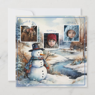 Cartes Pour Fêtes Annuelles Photos de famille Snowman Winter River Noël