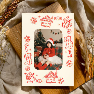 Cartes Pour Fêtes Annuelles Photos Jouer Main Tirée Rouge Whimsical Noël