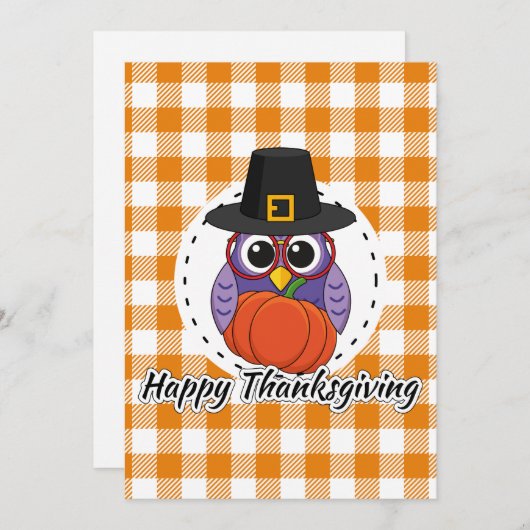 Cartes Pour Fêtes Annuelles Pilgrim owl on Orange Plaid - Happy Thanksgiving (Devant / Derrière)