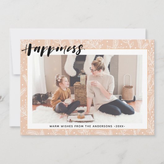 Cartes Pour Fêtes Annuelles Pin Beige Moderne Bouton Simple Script BONHEUR (Devant)