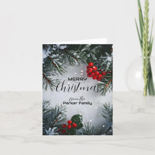 Cartes Pour Fêtes Annuelles Pin Couvert De Neige, Baies Saintes, Sans Photo