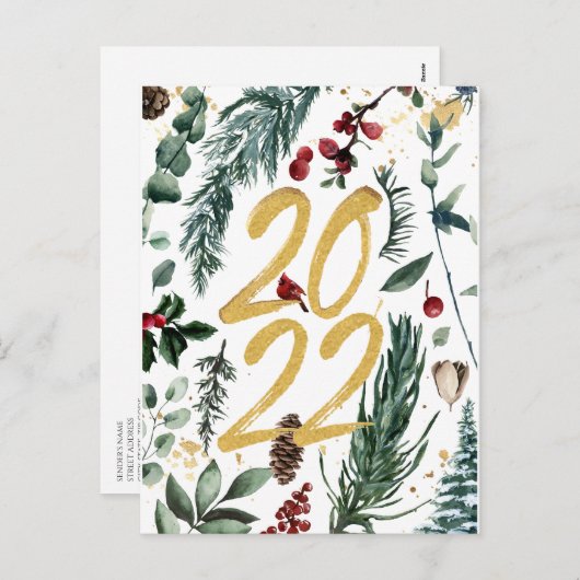 Cartes Pour Fêtes Annuelles Pin d'or 2022 festive Magnolia Noël (Devant / Derrière)